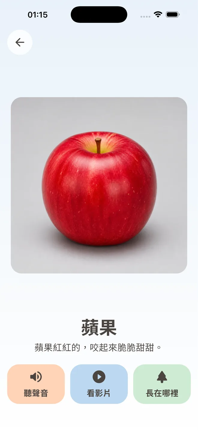 單一物品頁:大張真實照片,下方是物品名稱與這一項目前有的按鈕。